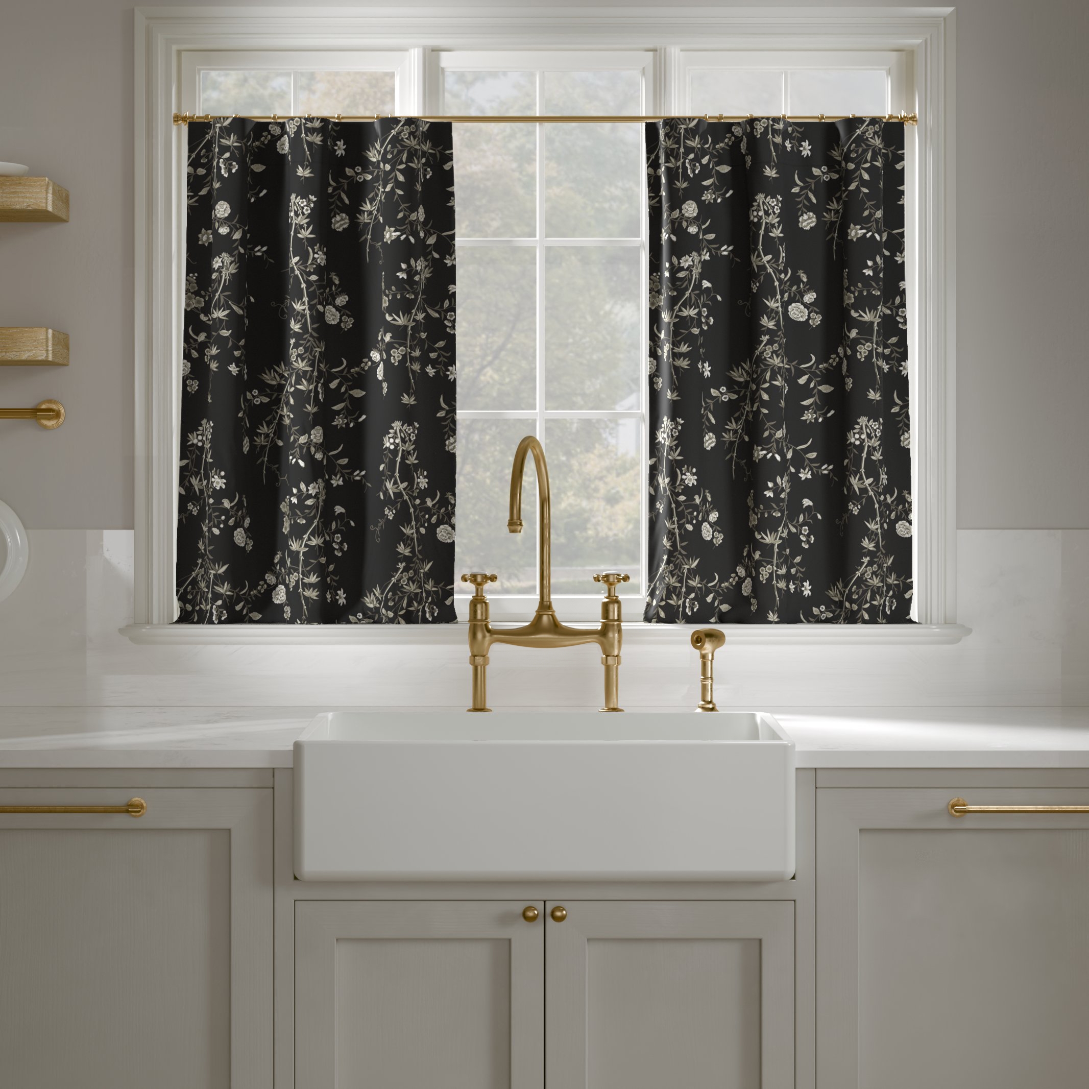 Printed Linen Café Curtain, Black Bamboo Garden, 25" x 24", Privacy - Image 0