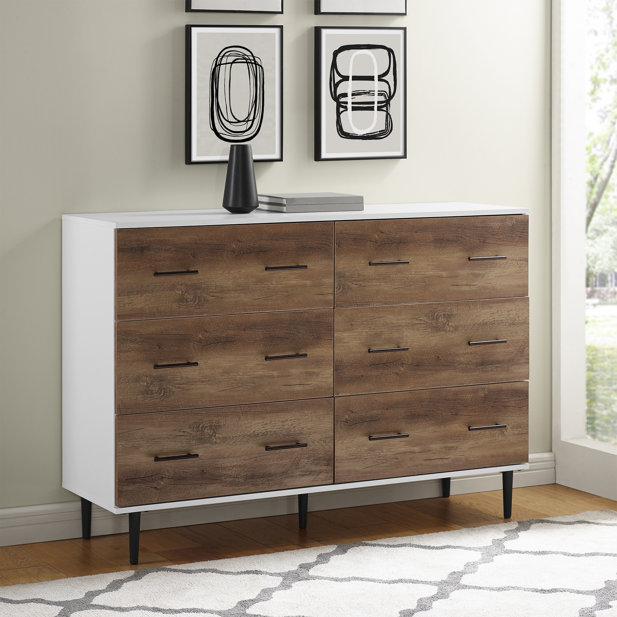 Savanna Modern Wood 6 Drawer Dresser - White/Rustic Oak - Image 3