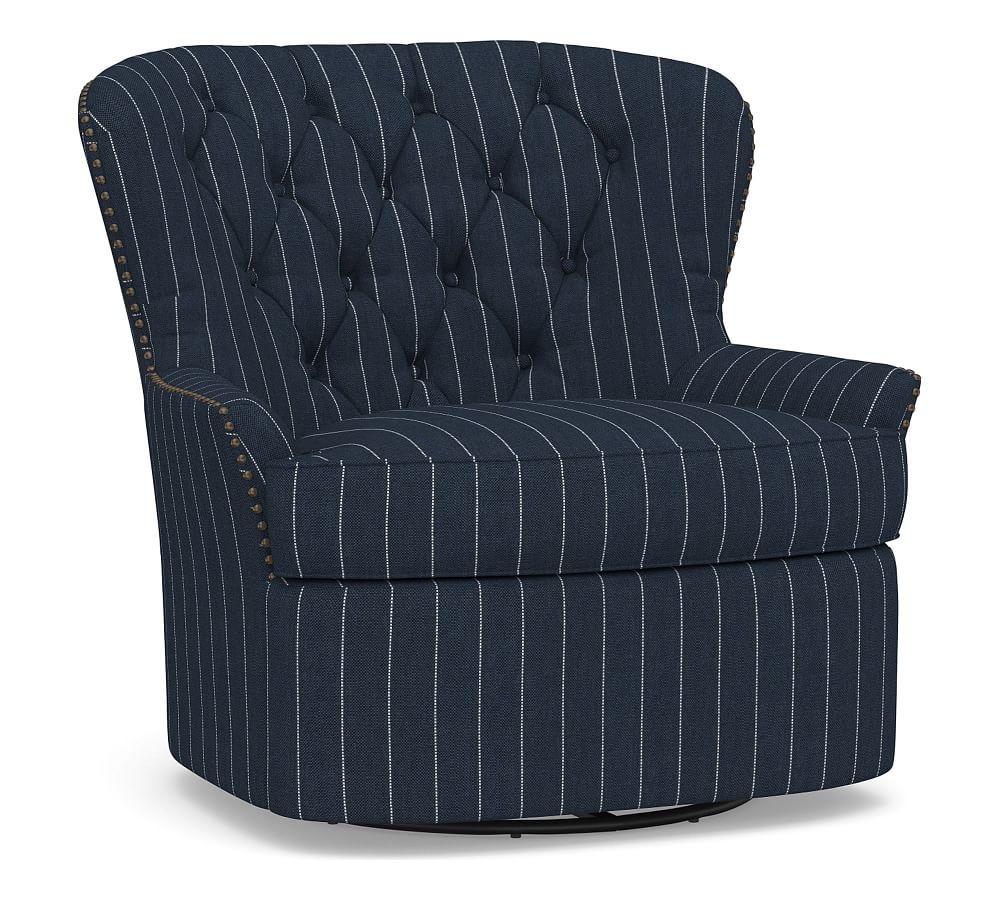 Cardiff Tufted Upholstered Swivel Armchair with Nailheads, Polyester Wrapped Cushions, Sunbrella(R) Performance Harbor Stripe Indigo - Image 0