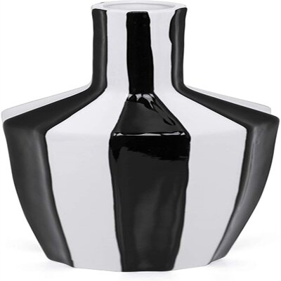 Abstract Black And White Stripe Ceramic Vase - Image 0