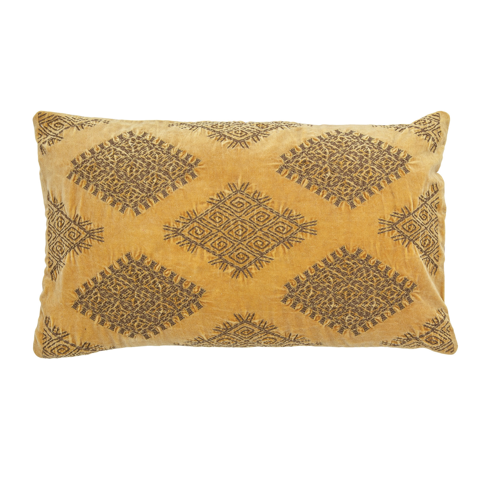 Mustard Cotton Velvet Embroidered Lumbar Pillow - Image 0