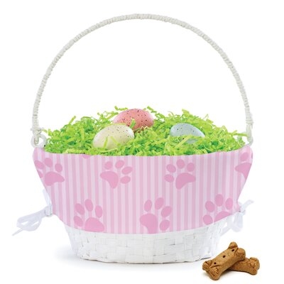 Girl Dog Paw Print Lined Easter Basket With Custom Name Printed In Pink Letters On White Woven Basket With Collapsible Handle - Image 0