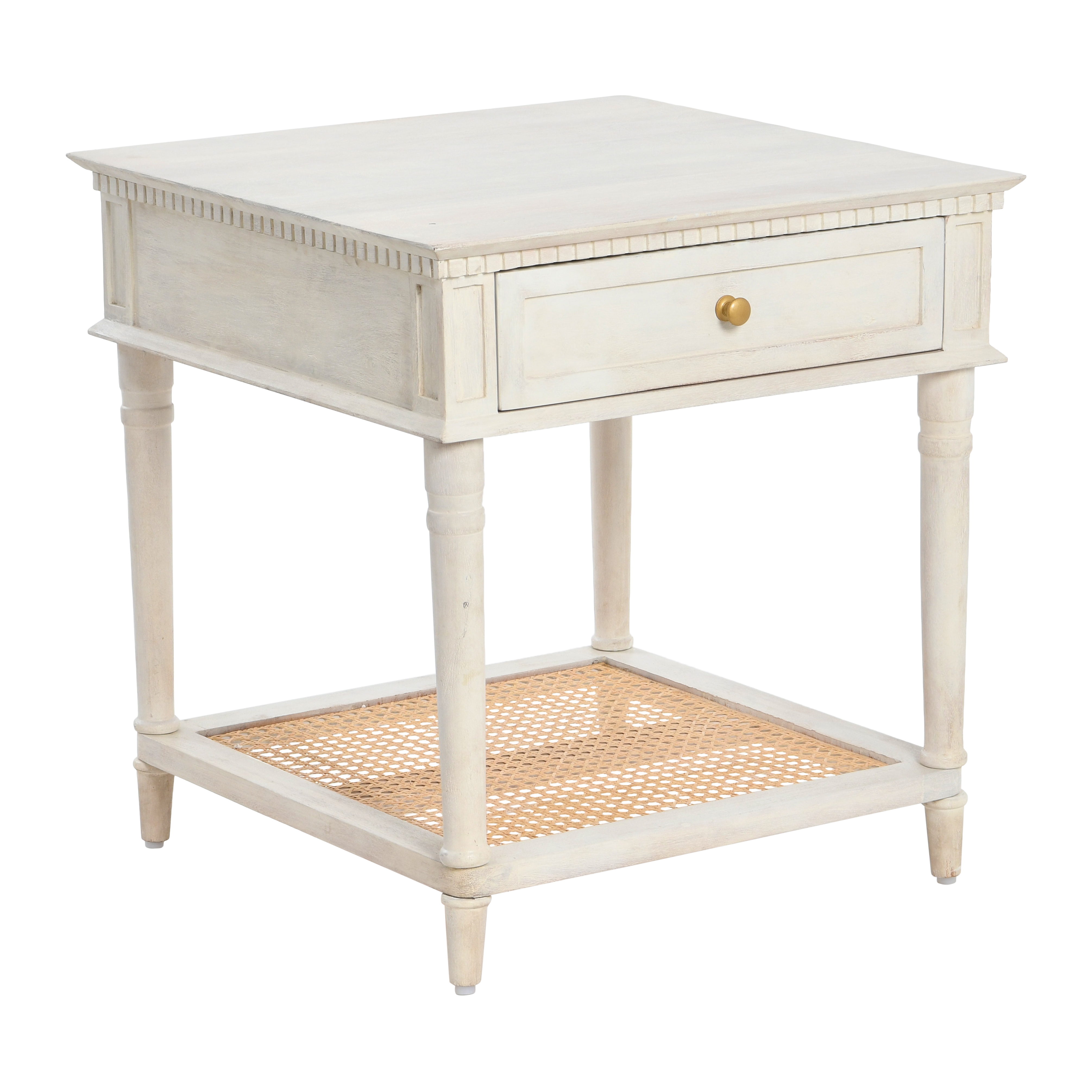 Maxwelton Solid Wood End Table with Drawer and Woven Cane Storage Shelf, Distressed White and Natural - Image 0