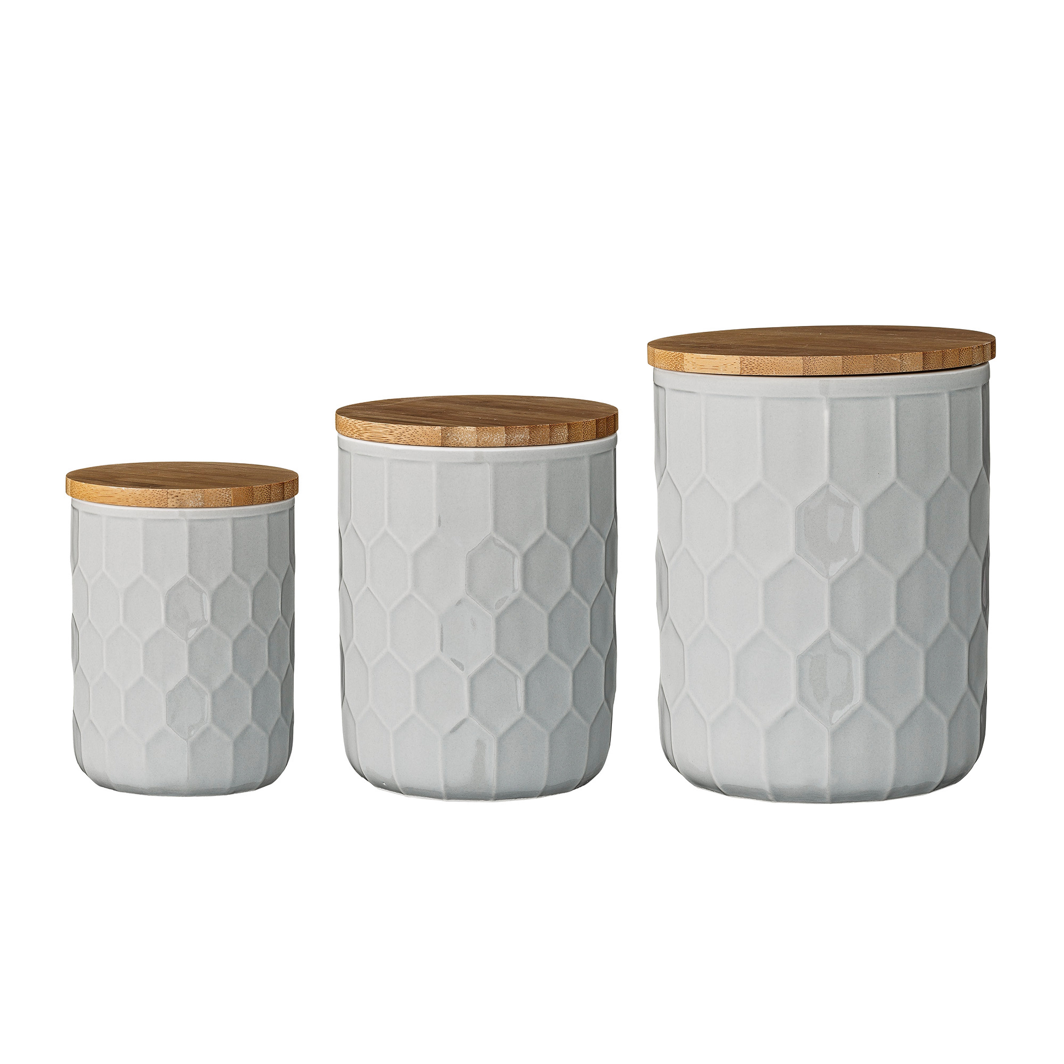 Set of 3 White Stoneware Canisters with Bamboo Lids - Image 0
