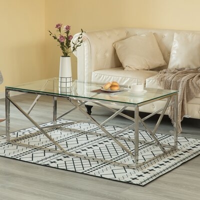Decorative Rectangular Glass Top Metal Modern Coffee Table, Silver - Image 0