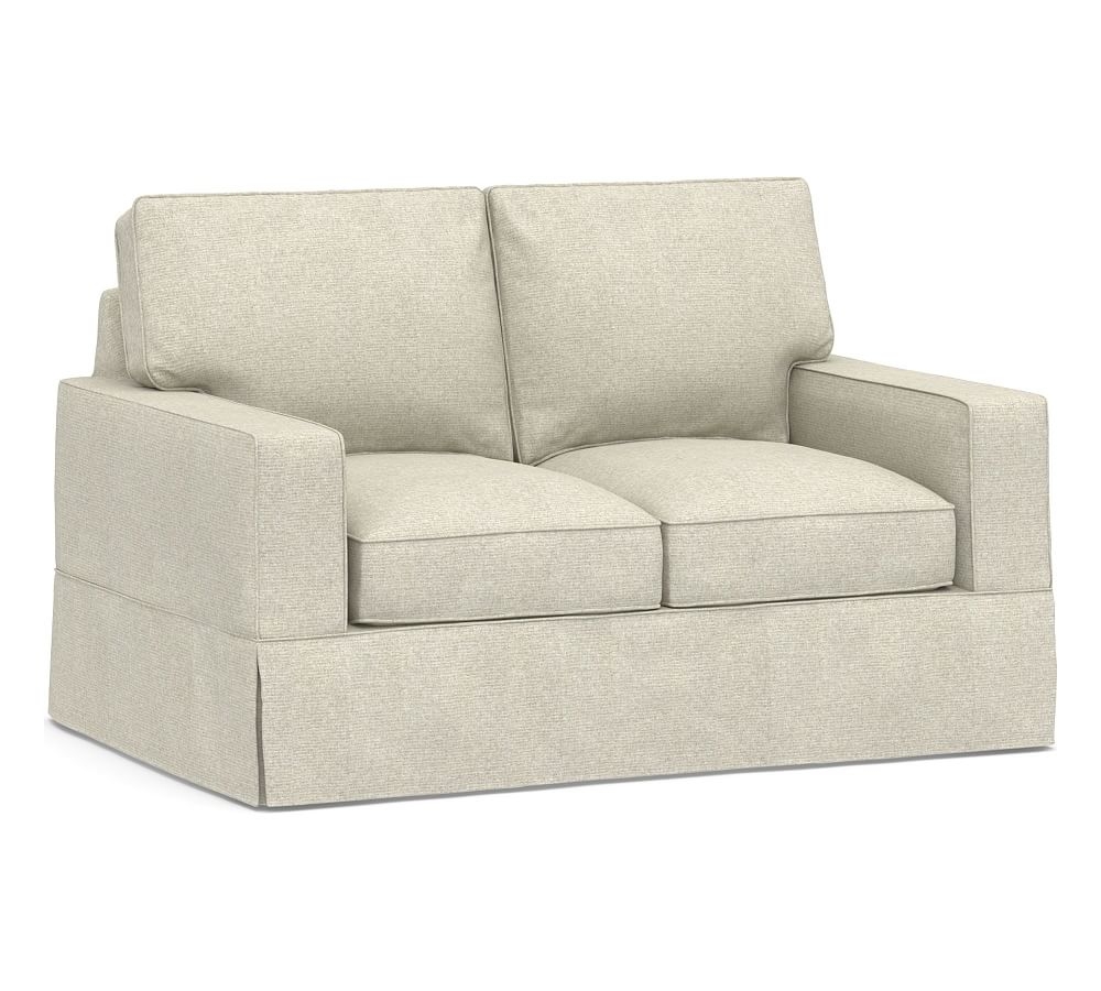 PB Comfort Roll Arm Slipcovered Loveseat 68", Box Edge, Down Blend Wrapped Cushions, Performance Heathered Basketweave Alabaster White - Image 0