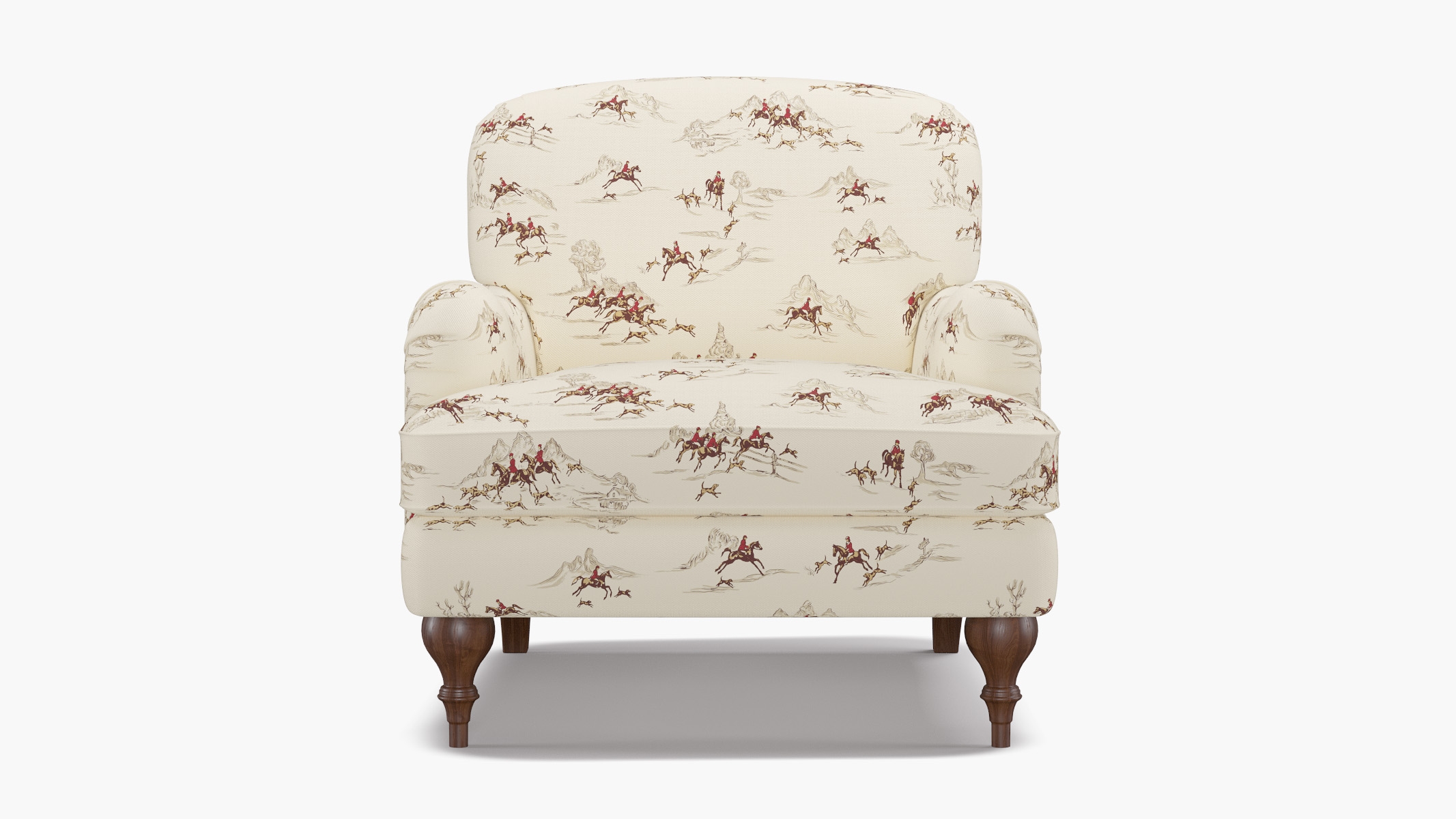 English Roll Arm Chair, Red Cotswold Hunt, Walnut Turned Wood Leg - Image 0
