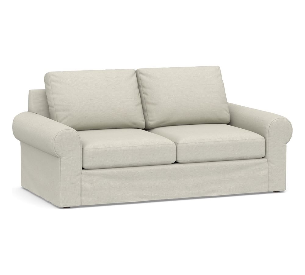 Big Sur Roll Arm Slipcovered Loveseat 77", Down Blend Wrapped Cushions, Premium Performance Basketweave Pebble - Image 0