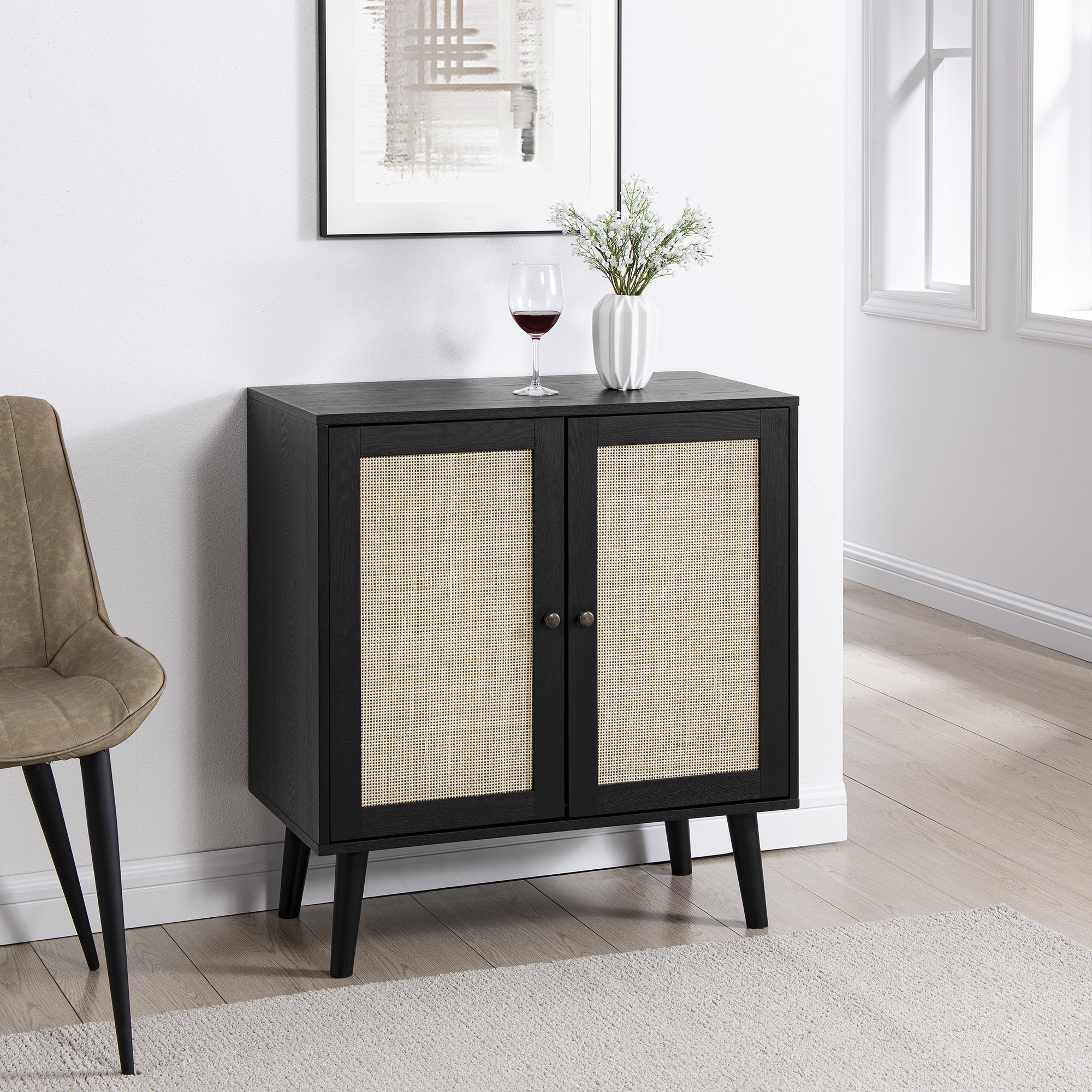 Boho 2 Door Solid Wood and Rattan Accent Cabinet – Black - Image 4