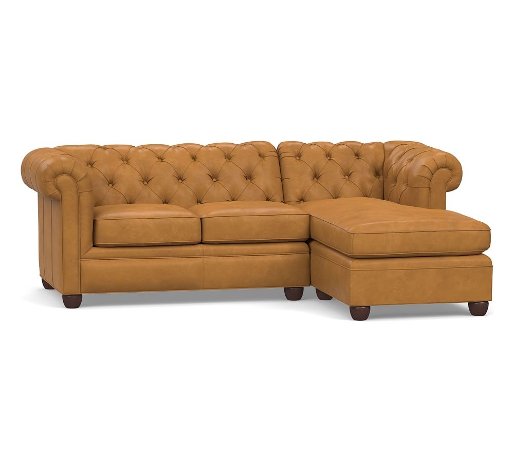 Chesterfield Roll Arm Leather Left Arm 2-Piece Sectional With Chaise, Polyester Wrapped Cushions, Vintage Camel - Image 0