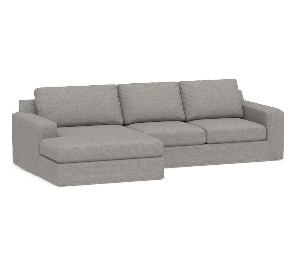 Big Sur Square Arm Slipcovered Right Arm Loveseat with Wide Chaise Sectional, Down Blend Wrapped Cushions, Performance Heathered Basketweave Platinum - Image 0