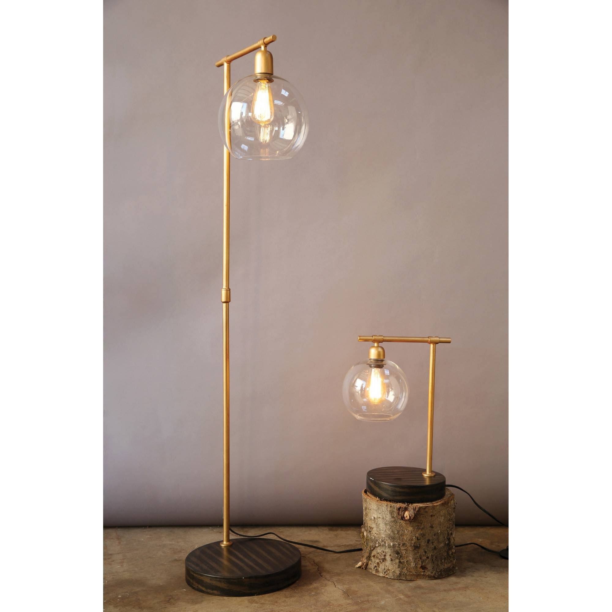 Metal & Wood Floor Lamp with Gold Finish and Glass Globe Shade - Image 1