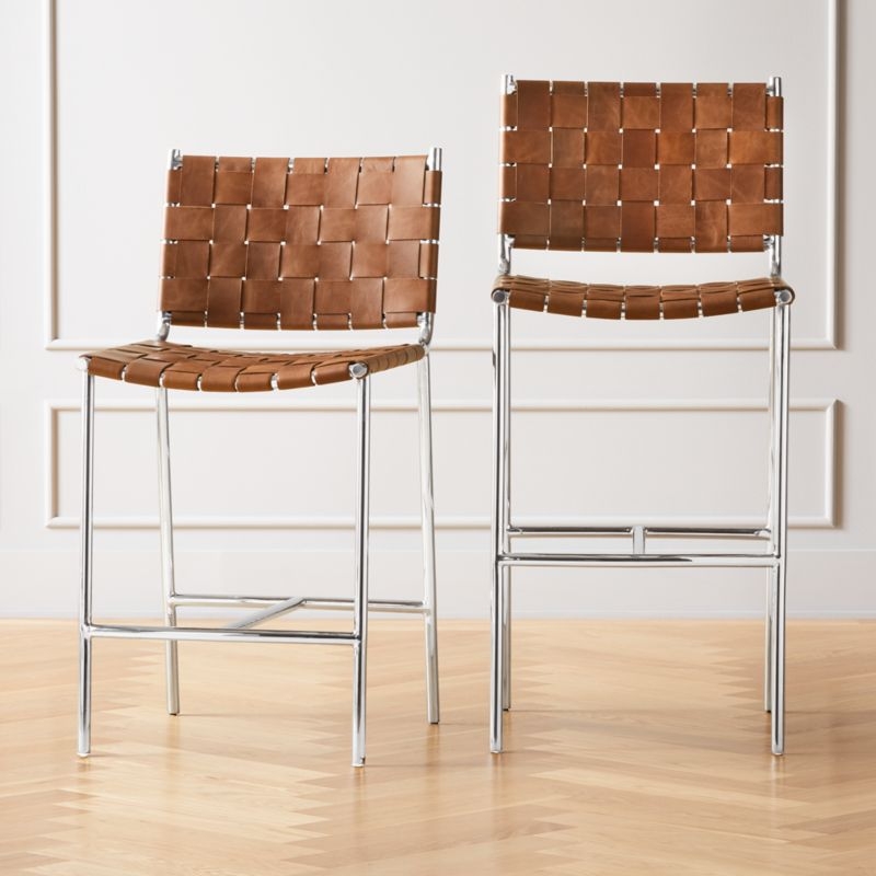 Woven 30" Brown Leather Bar Stool - Image 1