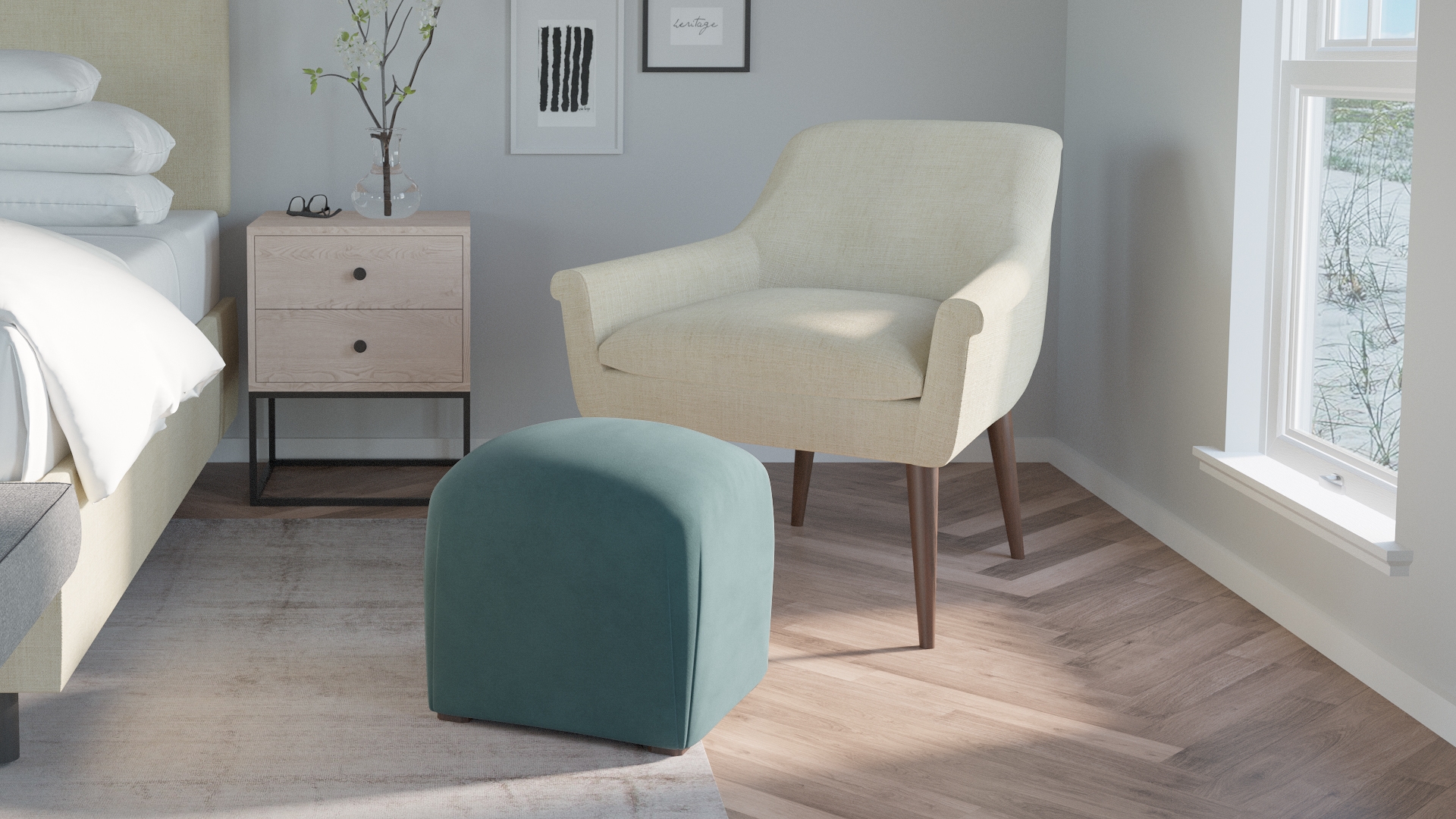 Deco Ottoman, Aqua Classic Velvet - Image 2