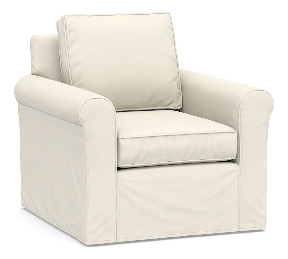 Cameron Roll Arm Slipcovered Deep Seat Swivel Armchair, Polyester Wrapped Cushions, Textured Twill Ivory - Image 0
