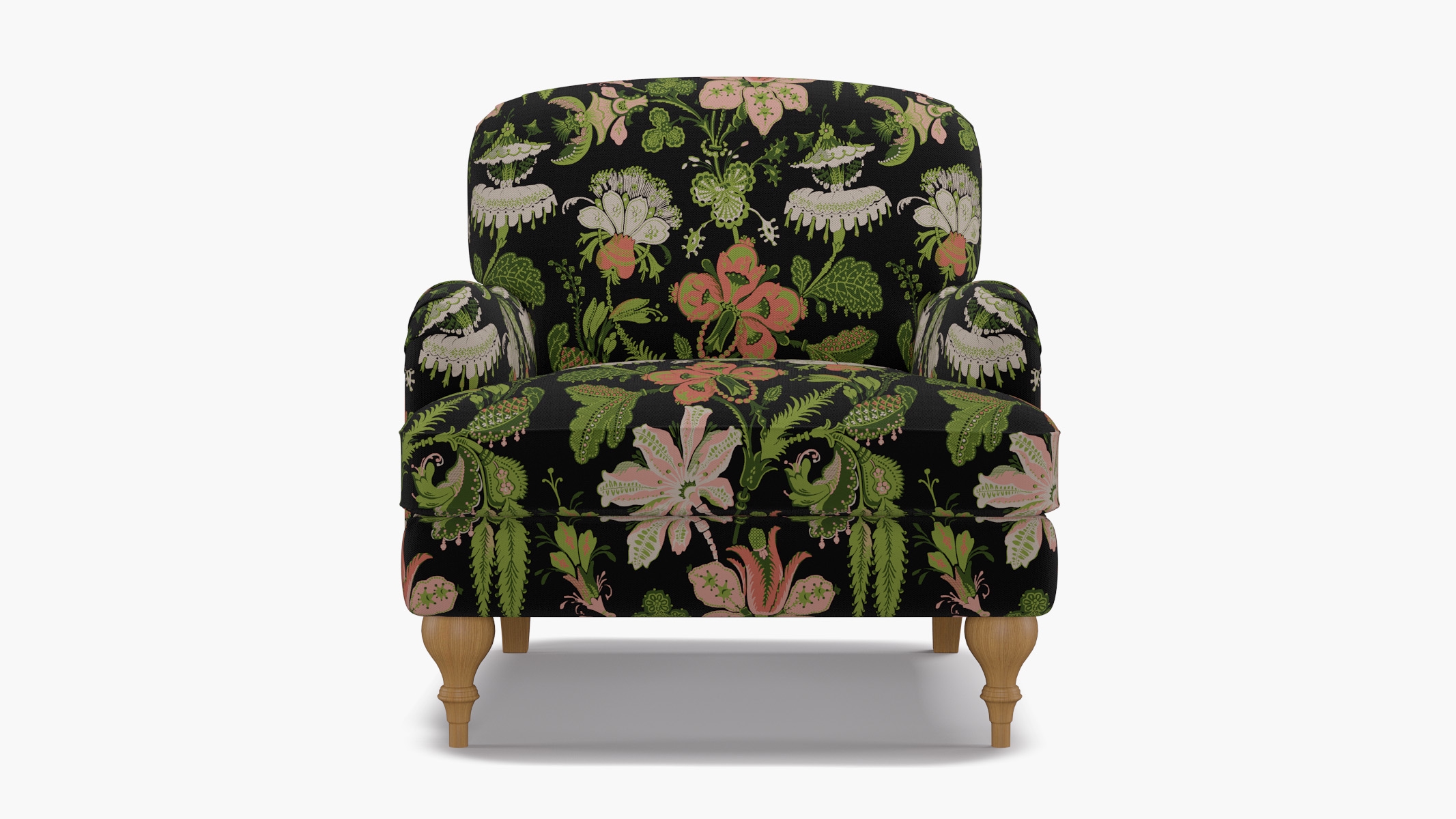 English Roll Arm Chair, Coral Onyx Rossetta, Natural Turned Wood Leg - Image 0