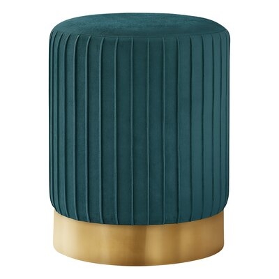 OTTOMAN - PLEATED SIDES / METAL BASE / CYLINDRICAL UPHOLSTERED POUF - 18"H - Turquoise / GOLD - Image 0