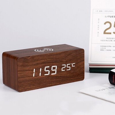 Digital Wooden Alarm Clock With Wireless Charging Bamboo With Red Letter - Image 0