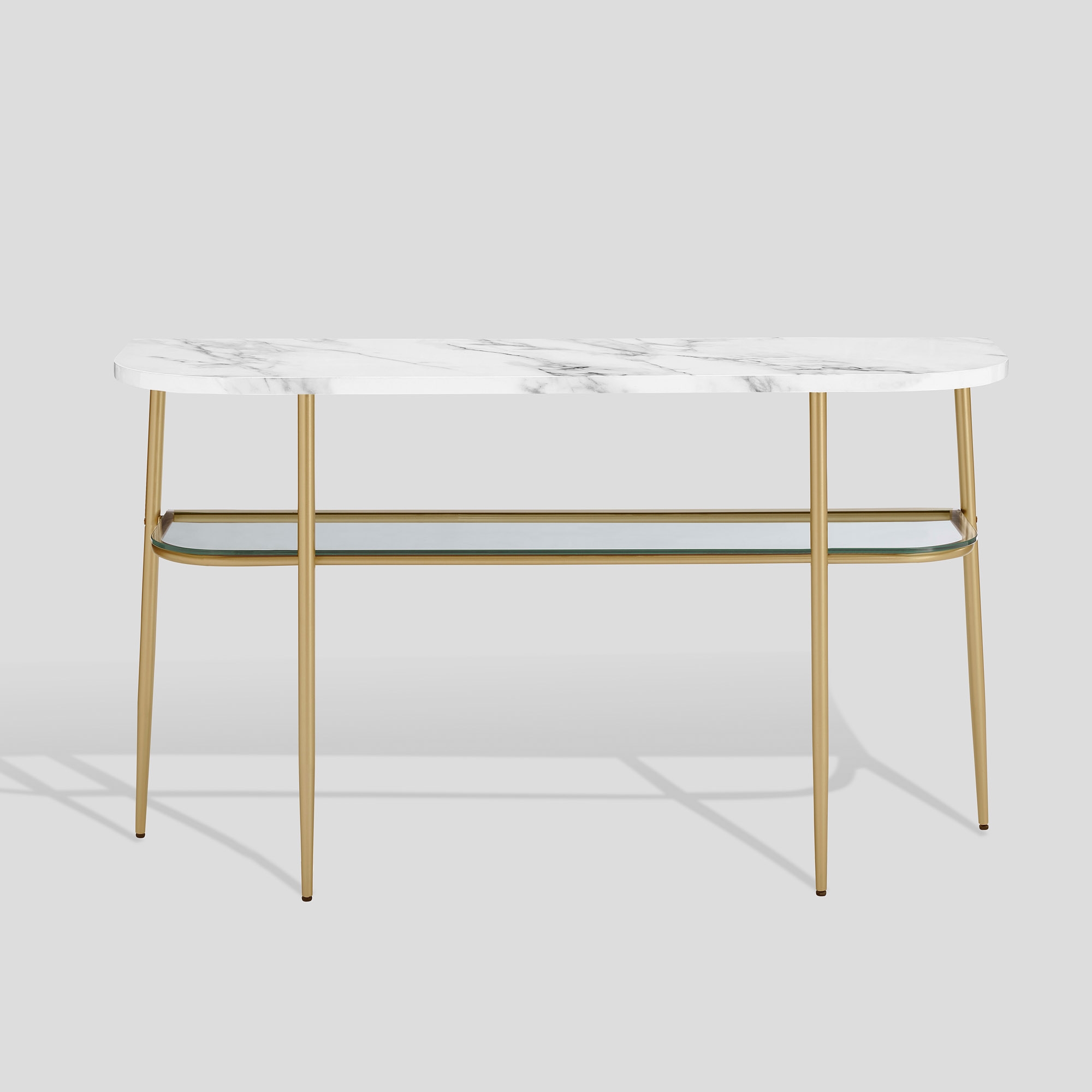 52" Curved Faux Marble, Glass and Metal Entry Table - Calacatta Marble/ Gold - Image 0