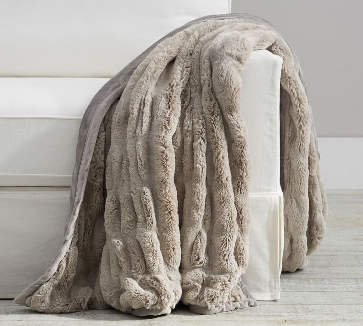 Faux Fur Oversized Throw, 60 x 80", Ruched Gray - Image 1
