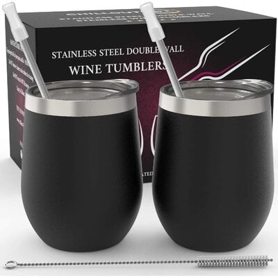 12 Oz Stainless Steel Wine Tumblers With Lids And Straws Set Of 2 - Rose Gold - Image 0