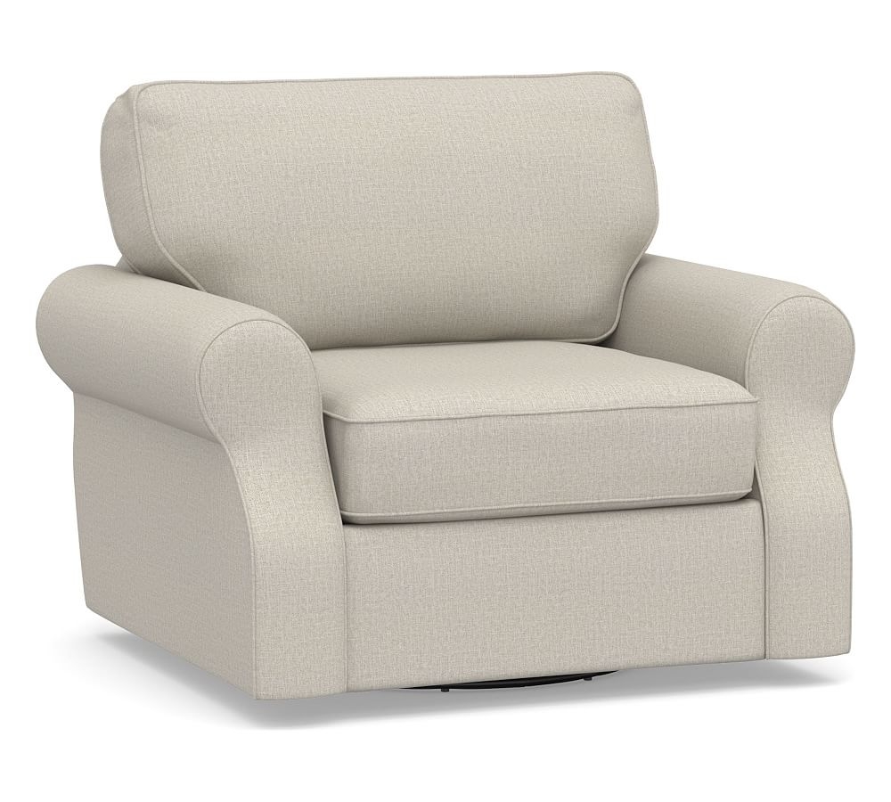 SoMa Fremont Roll Arm Upholstered Swivel Armchair, Polyester Wrapped Cushions, Performance Heathered Tweed Pebble - Image 0