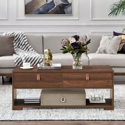 Wood Cocktail Coffee Table With 2 Drawers And Open Storage Shelf - Image 0