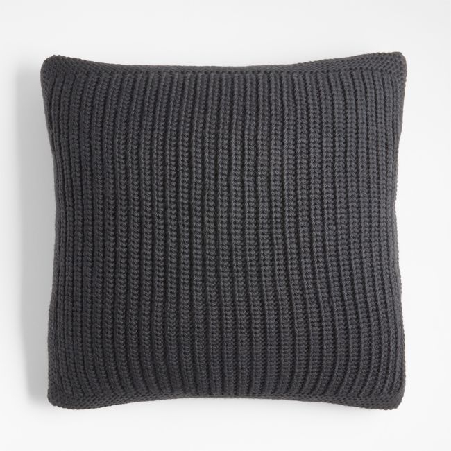Storm Grey Wool Blend 23''x23 Fisherman Knit Throw Pillow with Feather Insert - Image 0