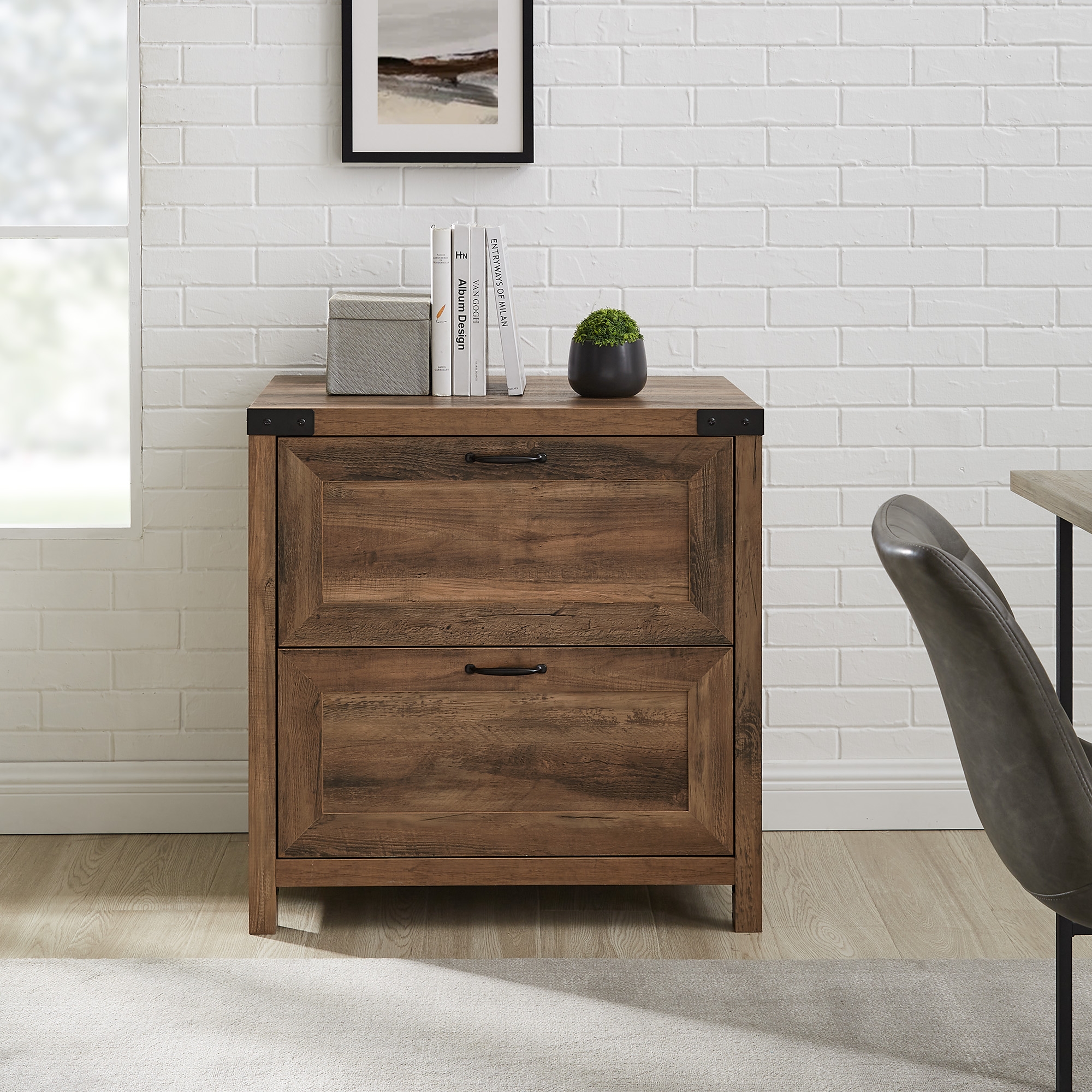 Modern Farmhouse 2-Drawer Filing Cabinet with Metal Accents – Rustic Oak - Image 5