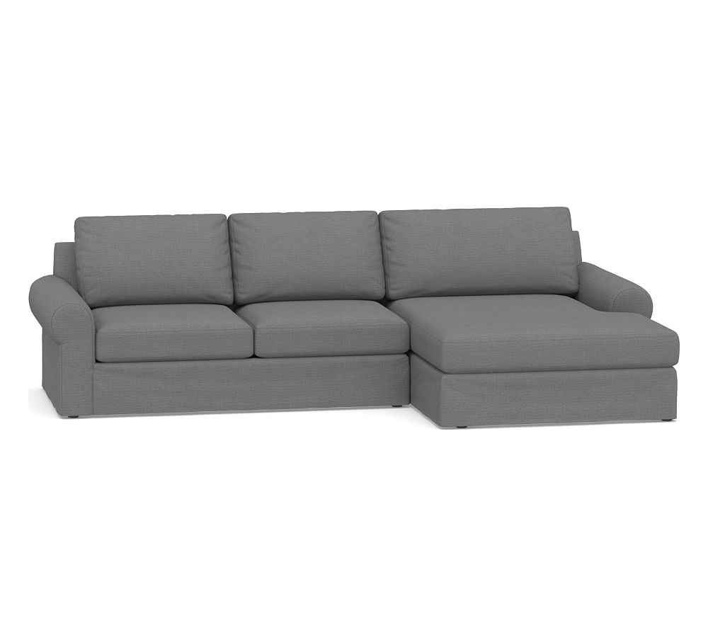 Big Sur Roll Arm Slipcovered Left Arm Loveseat with Double Chaise Sectional, Down Blend Wrapped Cushions, Basketweave Slub Charcoal - Image 0