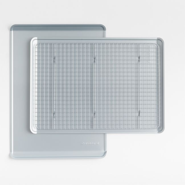 Crate & Barrel Silver 3-Piece Non-Stick Cookie Sheet and Cooling Rack Set - Image 0