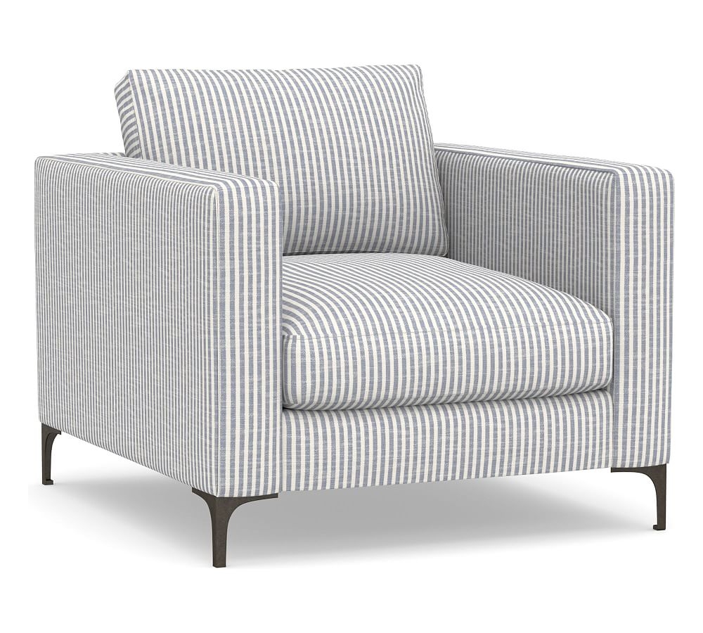Jake Upholstered Armchair with Bronze Legs, Polyester Wrapped Cushions, Classic Stripe Blue - Image 0