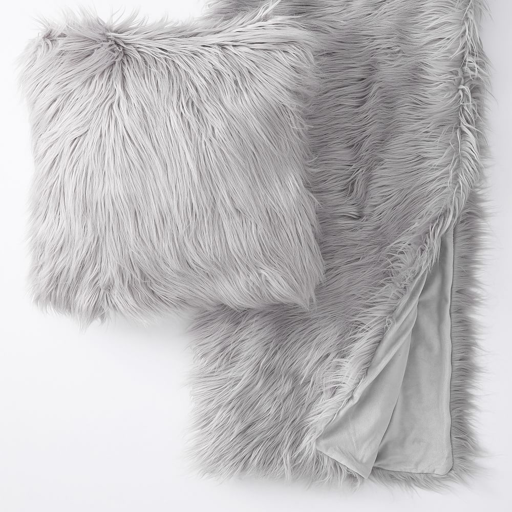 Himalayan Recycled Faux-Fur Throw & Pillow Cover Set, Himalayan Grey - Image 0