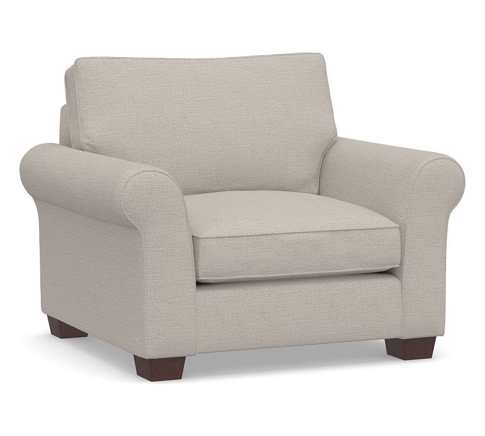 PB Comfort Roll Arm Upholstered Grand Armchair, Box Edge Down Blend Wrapped Cushions, Chunky Basketweave Stone - Image 0