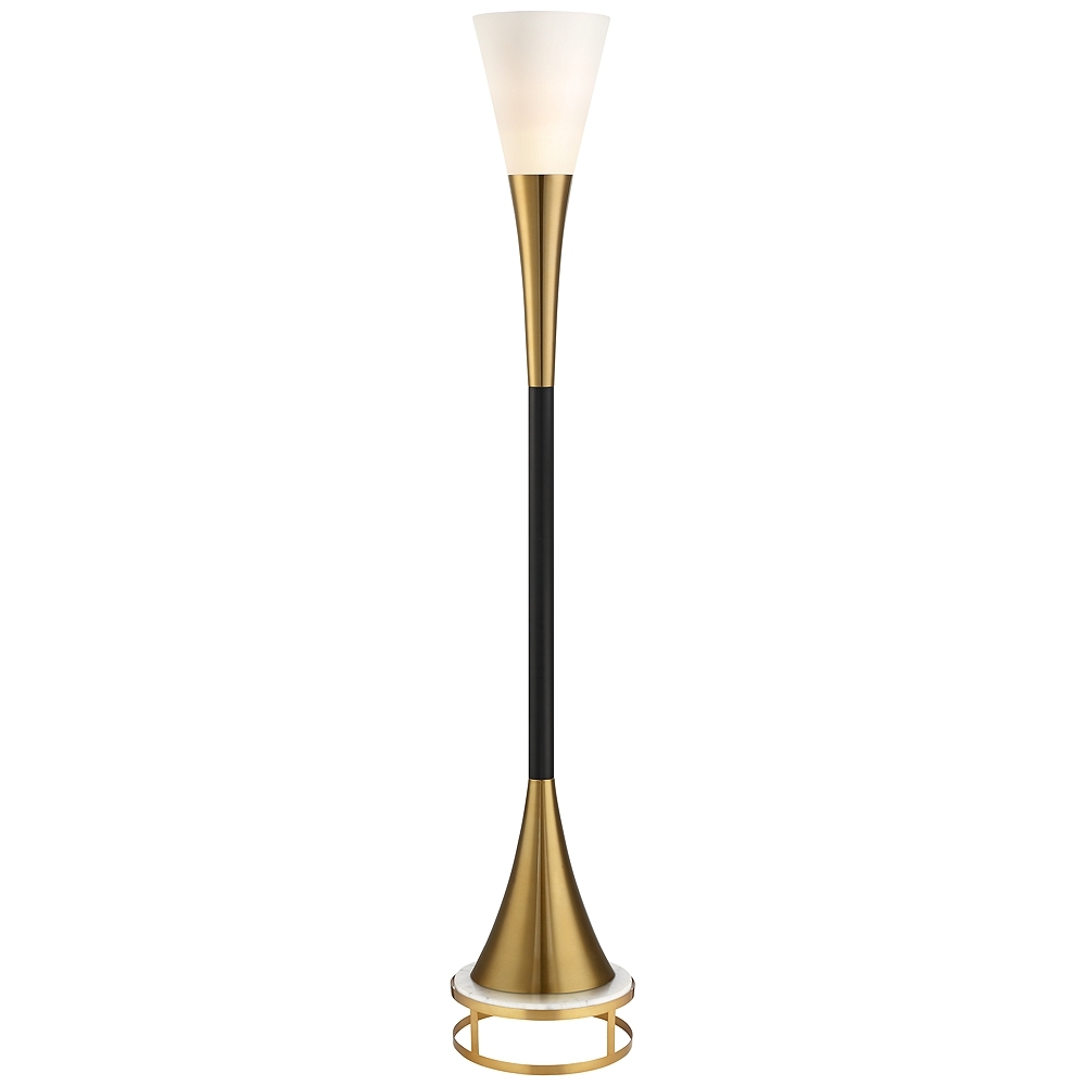 Possini Euro Piazza Brass and Black Torchiere Floor Lamp with Riser - Image 0