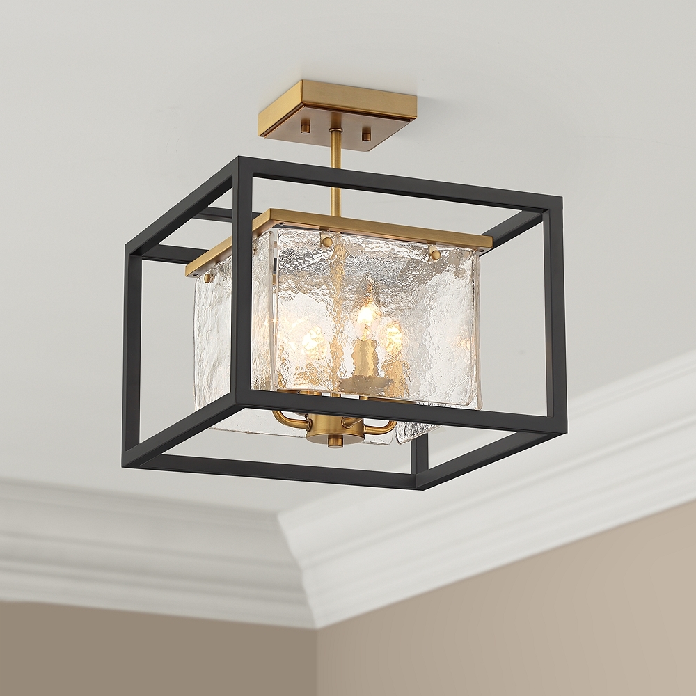 Possini Euro Liston 14" Wide Ice Glass Black and Brass Ceiling Light - Image 0
