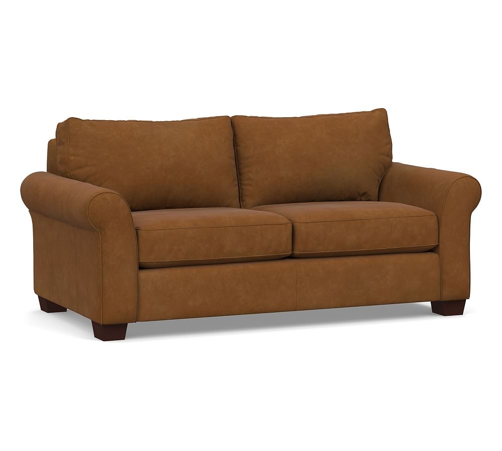 PB Comfort Roll Arm Leather Loveseat 68", Polyester Wrapped Cushions, Nubuck Caramel - Image 0
