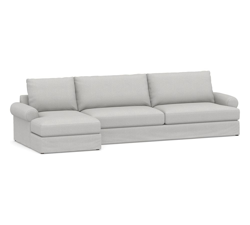 Canyon Roll Arm Slipcovered Right Arm Sofa with Chaise Sectional, Down Blend Wrapped Cushions, Park Weave Ash - Image 0