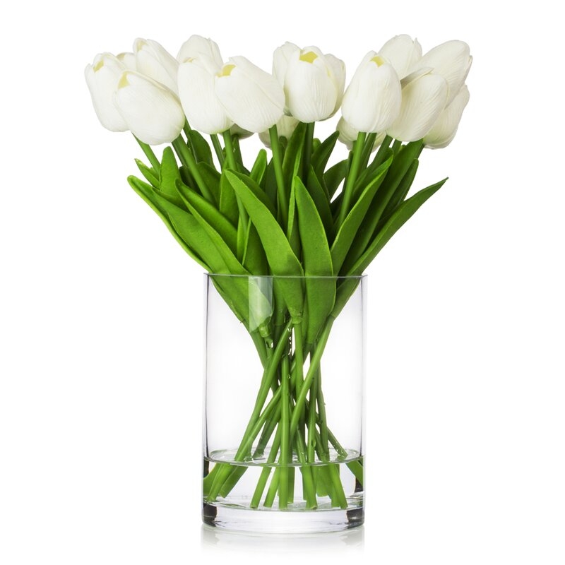 Real Touch Flower Tulips Centerpiece in Vase, White - Image 0