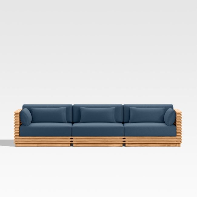 Batten 120" Natural Teak Outdoor Sofa with Cast Harbor Navy Blue Sunbrella ® Cushions - Image 0