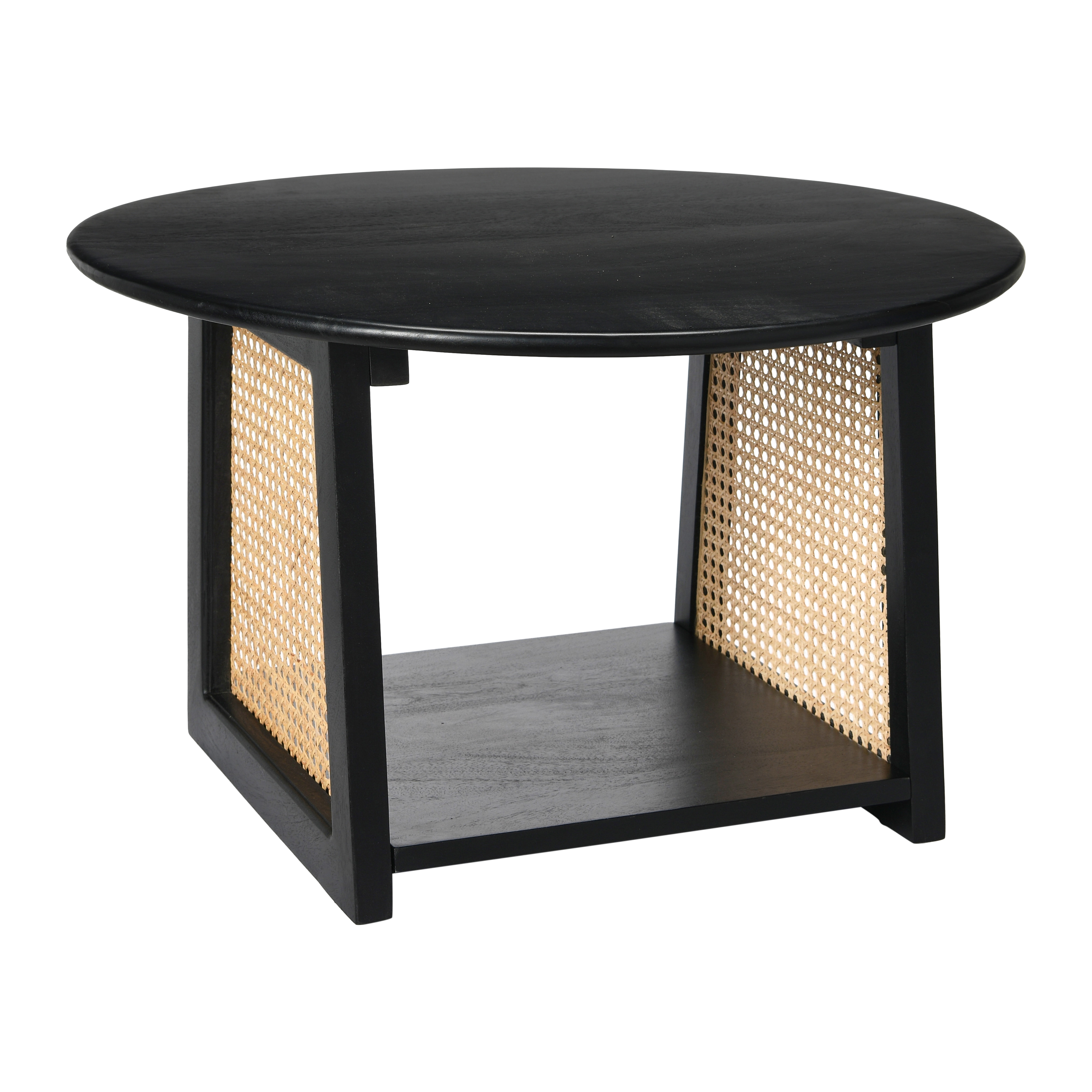 Mango Wood with Woven Cane Coffee Table; Transitional Living Room Accent Table; Black Finish - Image 0