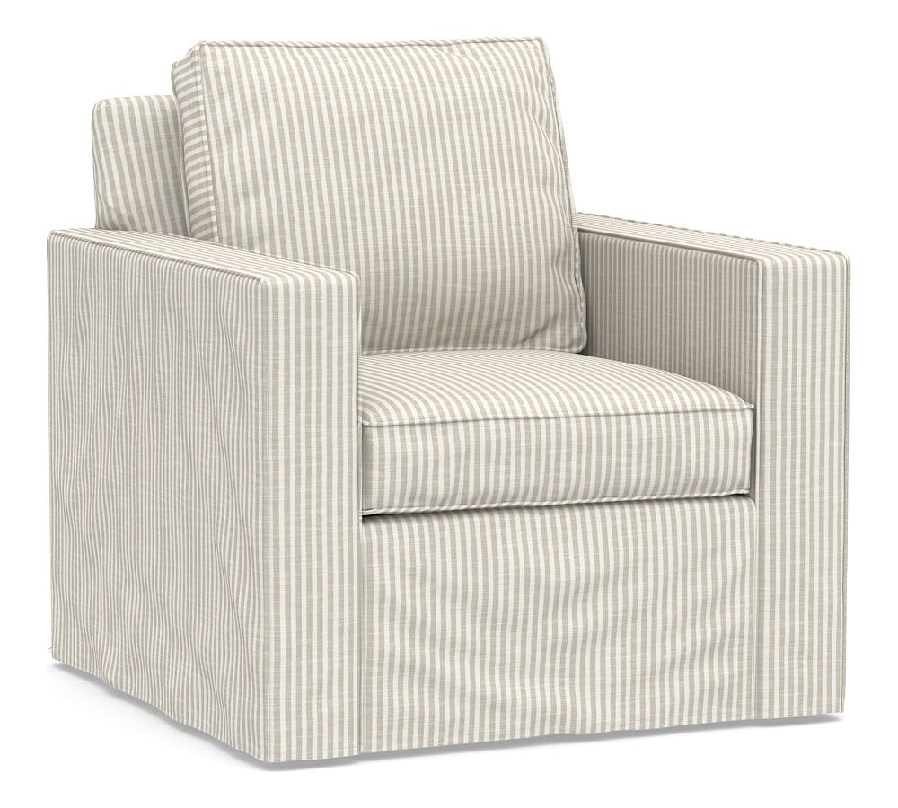 Cameron Square Arm Slipcovered Swivel Armchair, Polyester Wrapped Cushions, Classic Stripe Oatmeal - Image 0
