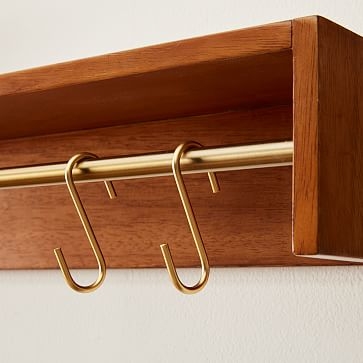 Bekins Shelves, Set of 2, Acorn Antique Brass, 18in and Essential S Hooks Brass, Set of 5 - Image 2
