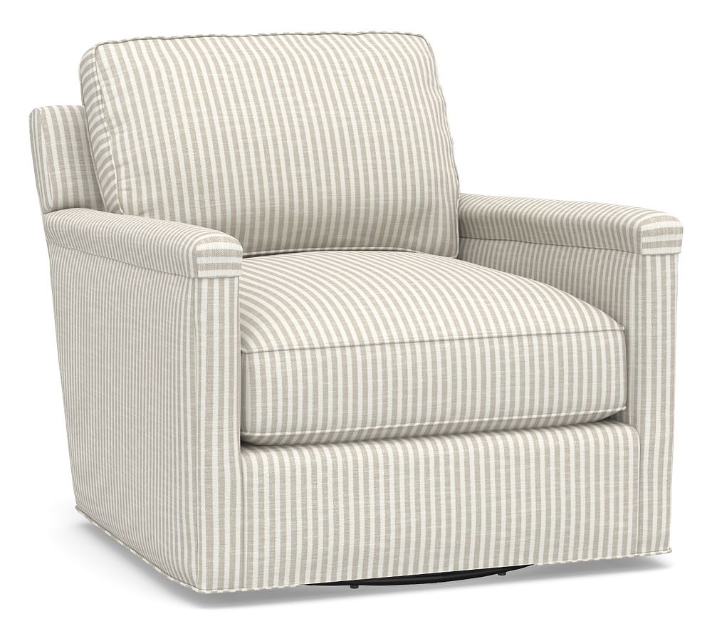 Tyler Square Arm Upholstered Swivel Armchair, Down Blend Wrapped Cushions, Classic Stripe Oatmeal - Image 0