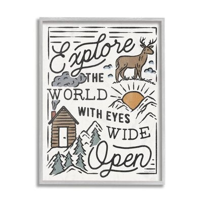 Explore Eyes Wide Open Phrase Rustic Forest Cabin by Laura Marshall - Painting Print - Image 0