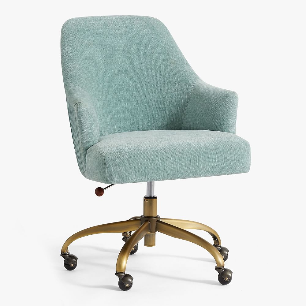 Distressed Velvet Aqua Pleated Swivel Desk Chair - Image 0