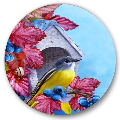 Titmouse Bird Sitting On A Branch Near A Birdhouse - Traditional Metal Circle Wall Art - Image 0