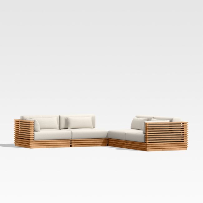 Batten Natural Teak 5-Piece L-Shaped Outdoor Sectional Sofa with Corner Coffee Table & Oat Cushions - Image 0