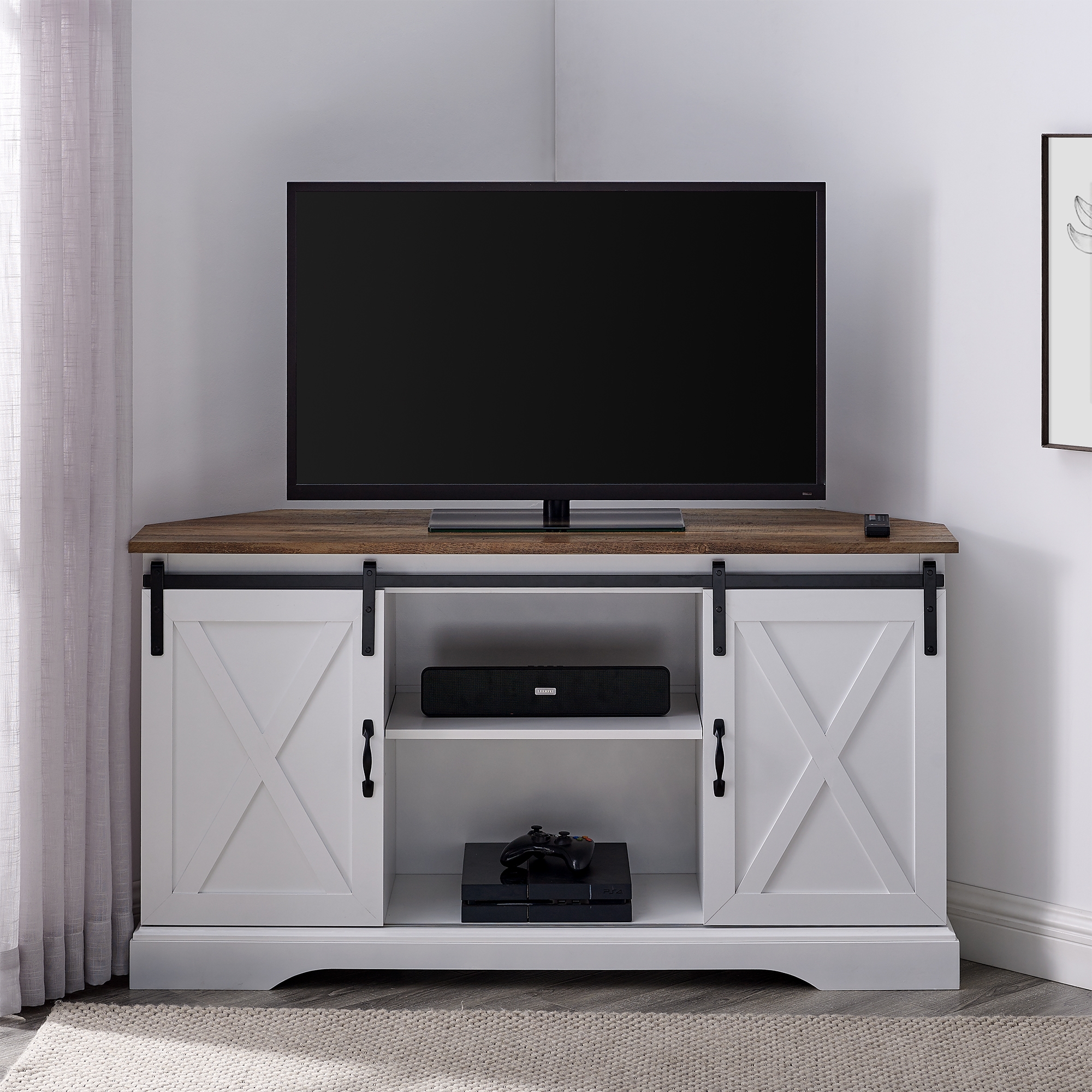 52" Sliding Barn Door Corner TV Stand - Rustic Oak/Solid White - Image 5
