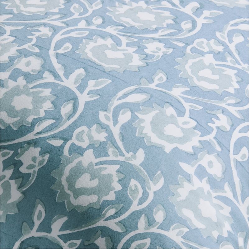Washed Cotton 23x23 Ruka Blue Floral Reversible Hand Printed Throw Pillow Cover - Image 2
